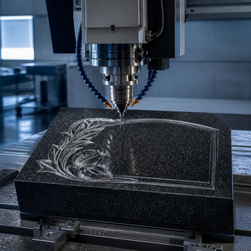 Craftsperson polishing a granite memorial in a stone workshop